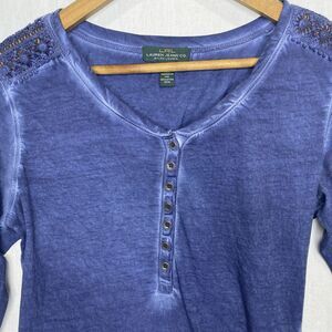 Lauren Ralph Lauren Henley Blouse Denim Look Crochet Womens Size S Blue Cotton